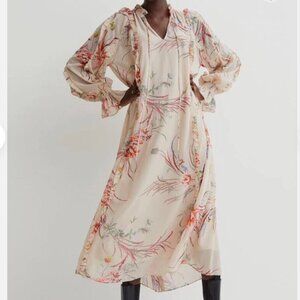 H&M Light Beige Floral Frilled Ruffle Detail Chiffon Maxi Dress Size XS NWT